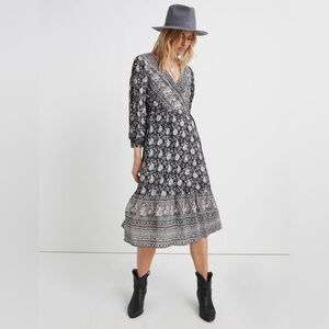 Lucky Brand Paisley Border Print Wrap Dress - Black and White